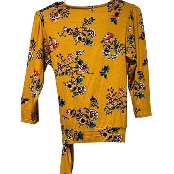 Loveappella Mustard Floral Wrap Top | Boho Tie Blouse - Picture 4 of 7